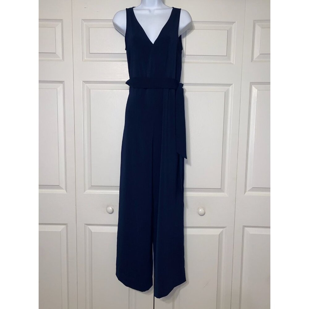 Navy Blue Sleeveless V-Neck Jumpsuit With Belted Waist Size 0